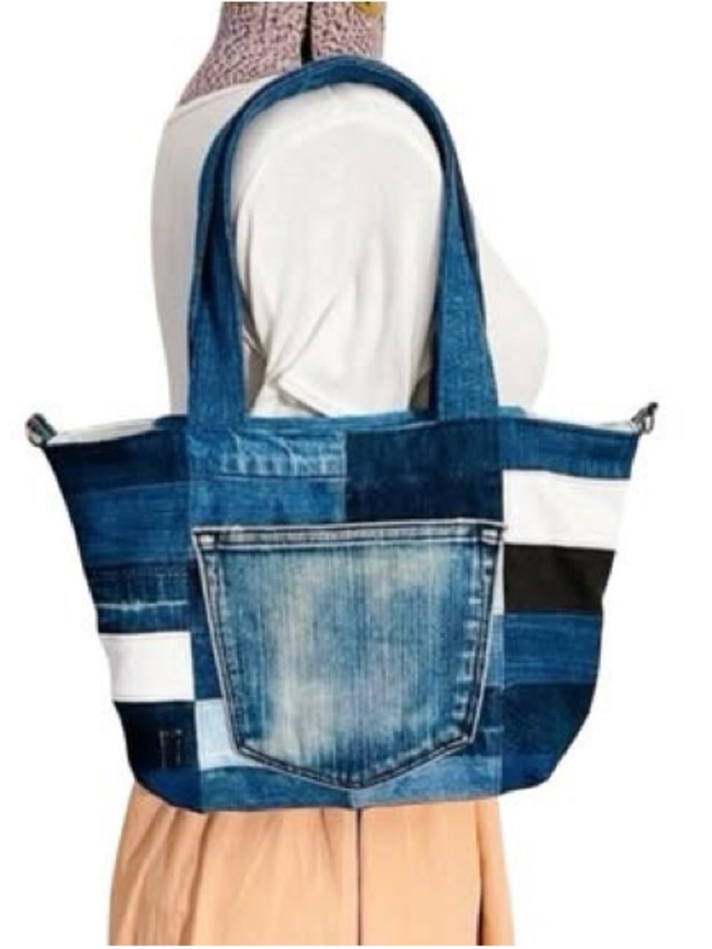 Denim Patchwork Tote Bag with Front Pocket - Blue